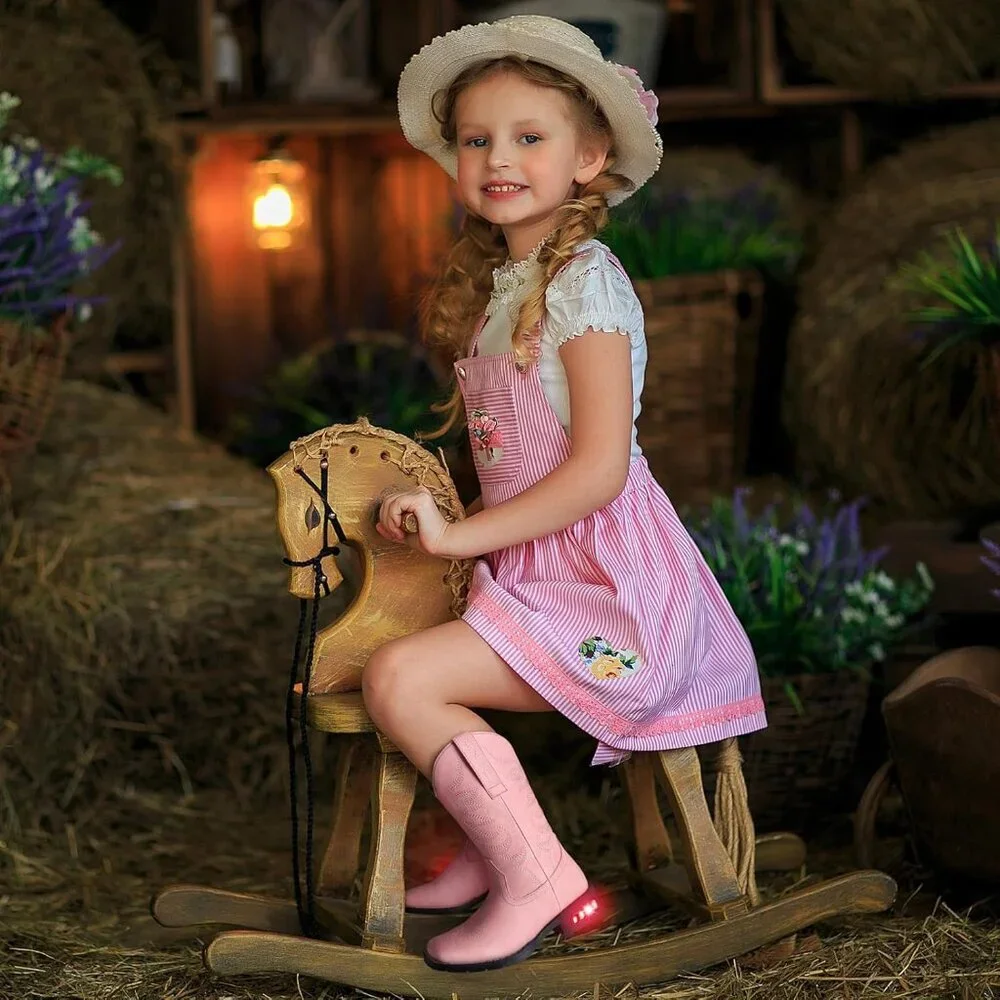 ⚡Girls Pink Cowgirl Boots Light Up Kids Western Boots for Toddler Calf High